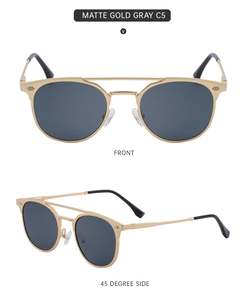 Front and side view of matte gold metal aviator sunglasses with gray polarized lenses