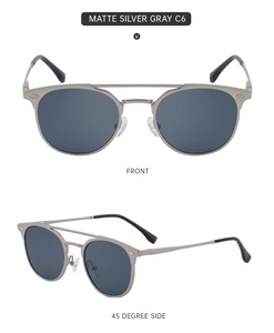 Detailed front and side views of matte silver cat-eye sunglasses with dual bridge design