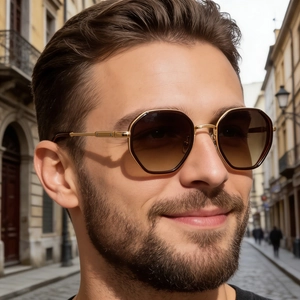 Side view of retro hexagonal sunglasses with gold metal frame and gradient brown lenses
