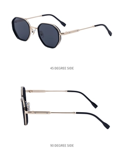 Dual view of square retro sunglasses with gold metal frames and dark grey lenses