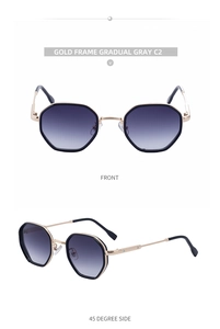 Front and 45-degree side view of gold metal polygon sunglasses with gradual gray lenses