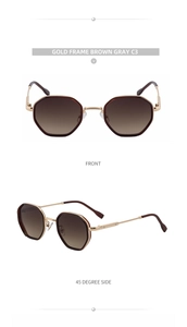 Front and side view of retro octagonal gold metal sunglasses with brown gray lenses