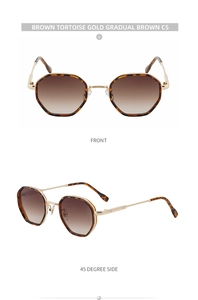 Front and 45-degree side views of hexagon retro tortoise gold driving sunglasses