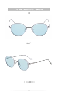 Front and 45-degree side views of silver hexagonal sunglasses with light green lenses