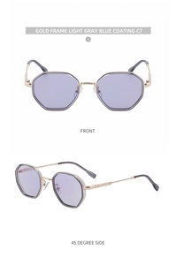 Front and side view of square gold frame sunglasses with light blue lenses for men