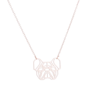 Nahaufnahme eines roségoldenen Bulldogge-Anhängers mit minimalistischem, hohlem geometrischem Design