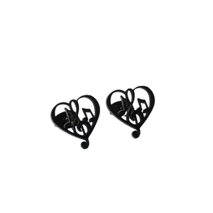 Minimalist black heart stud earrings featuring musical note and treble clef designs