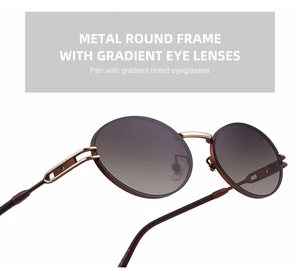 Detail of vintage metal round sunglasses featuring gradient lenses and hollowed-out frames