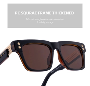 Detailed close-up of polarized sunglasses featuring thick frames and gold metal hinges