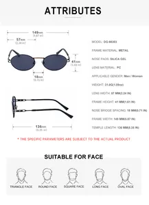 Size chart for oval metal sunglasses with detailed frame dimensions and lens specifications