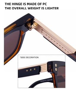 Close-up of square sunglasses showing durable PC hinge and gold metal striped temple detail
