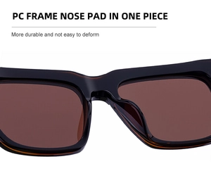 Detail view of durable PC integrated nose pads on square polarized sunglasses