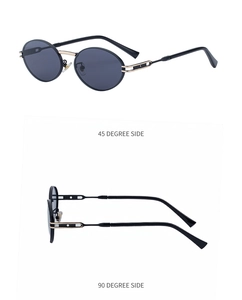 Detailed views of oval sunglasses featuring metal temples and镂空 hinge design details