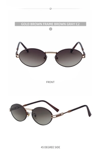 Close-up of oval gold brown sunglasses with hollowed temples and gradient lenses