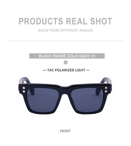 Front view of black square polarized sunglasses with gold gray finish and TAC lenses