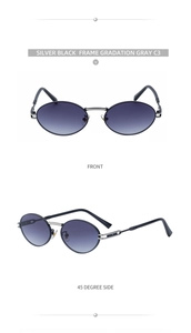 Detailed front and side views of oval metal sunglasses with silver black frames and gray lenses