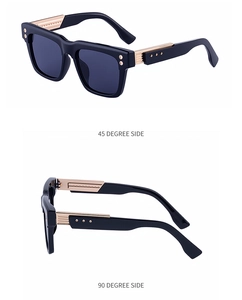 Detail view of square polarized sunglasses showing 45 and 90 degree side metal temple accents
