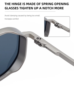 Détail du mécanisme de charnière à ressort flexible sur des lunettes de soleil en métal gris mat