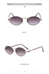 Detailed front and 45-degree side views of gold pink oval metal sunglasses with gray pink lenses