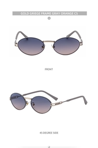 Detail of gold and greige metal frame sunglasses with gradient gray orange lenses
