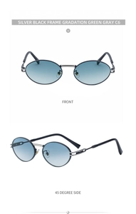 Detail view of oval sunglasses with silver-black metal frames and green gray gradient lenses