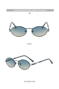 Detail view of oval sunglasses with silver green frame and blue yellow gradient lenses