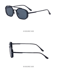 Vue détaillée des lunettes de soleil carrées montrant les angles de profil latéraux