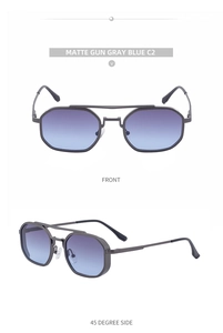 Détail de lunettes de soleil en métal gris mat avec verres dégradés bleus et double pont