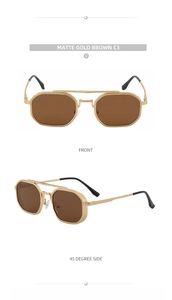 Détails de lunettes de soleil carrées dorées mat avec verres bruns et double pont