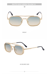 Vue détaillée des lunettes de soleil carrées or mat avec verres dégradés vert-jaune et pont double