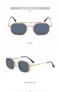 Vues détaillées de lunettes de soleil carrées or mat avec verres gris et double pont