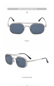 Vue détaillée des lunettes de soleil gris argent mat avec double pont et structure métal