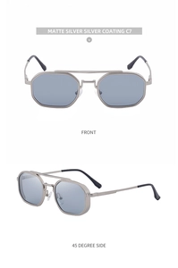 Détail de lunettes de soleil carrées en métal argent mat avec double pont, vues de face et de profil