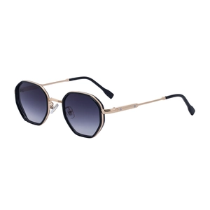 Men's hexagonal sunglasses with purple gradient lenses and gold metal frames on white background