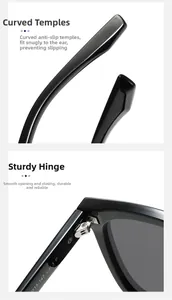 Détail de lunettes de soleil carrées montrant les charnières en argent et verres polarisés