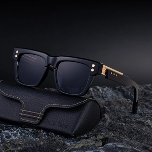 Polarized square sunglasses for men with gold rivets on dark rock base and leather case