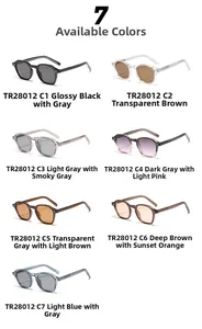 Collection of seven retro square sunglasses in various colors displayed in an array