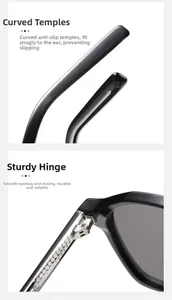 Detailed view of curved anti-slip temples and reinforced metal hinges on square sunglasses