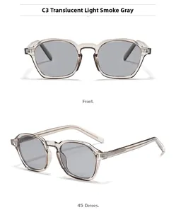 Detail view of retro square sunglasses in transparent light smoke grey with grey lenses