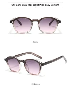 Detail view of square sunglasses with grey to pink gradient frames and metal hinges