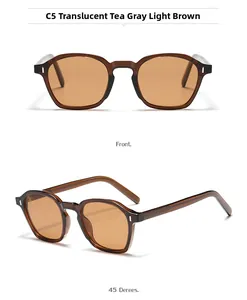 Front and 45-degree angle view of square transparent tea frame fashion sunglasses