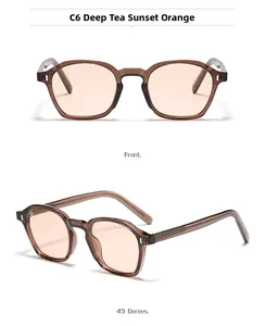 Detail view of vintage square sunglasses in translucent tea frame with sunset orange lenses