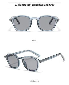 Detail view of square sunglasses with C7 transparent light blue frame and grey lenses