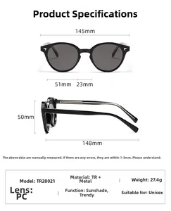 Detailed size specifications and measurements for retro TR28021 unisex sunglasses
