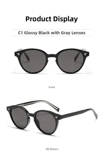 Front and 45-degree views of vintage black round sunglasses with metal wing accents