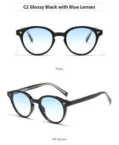 Retro round black sunglasses with blue gradient lenses and silver wing hinges