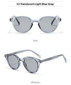 Detail of vintage round translucent blue sunglasses with grey lenses and metal accents