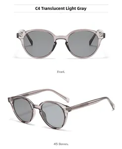 Front and 45-degree angle view of vintage round grey translucent sunglasses with metal hinges