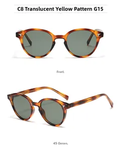 Detailed views of vintage round sunglasses with yellow floral frame and G15 lenses