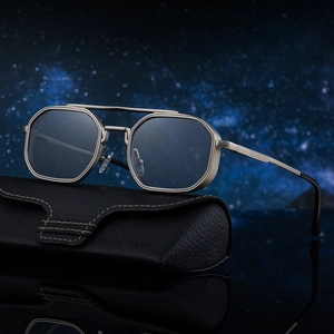 Lunettes de soleil carrées vintage à double pont avec monture argentée et verres bleus